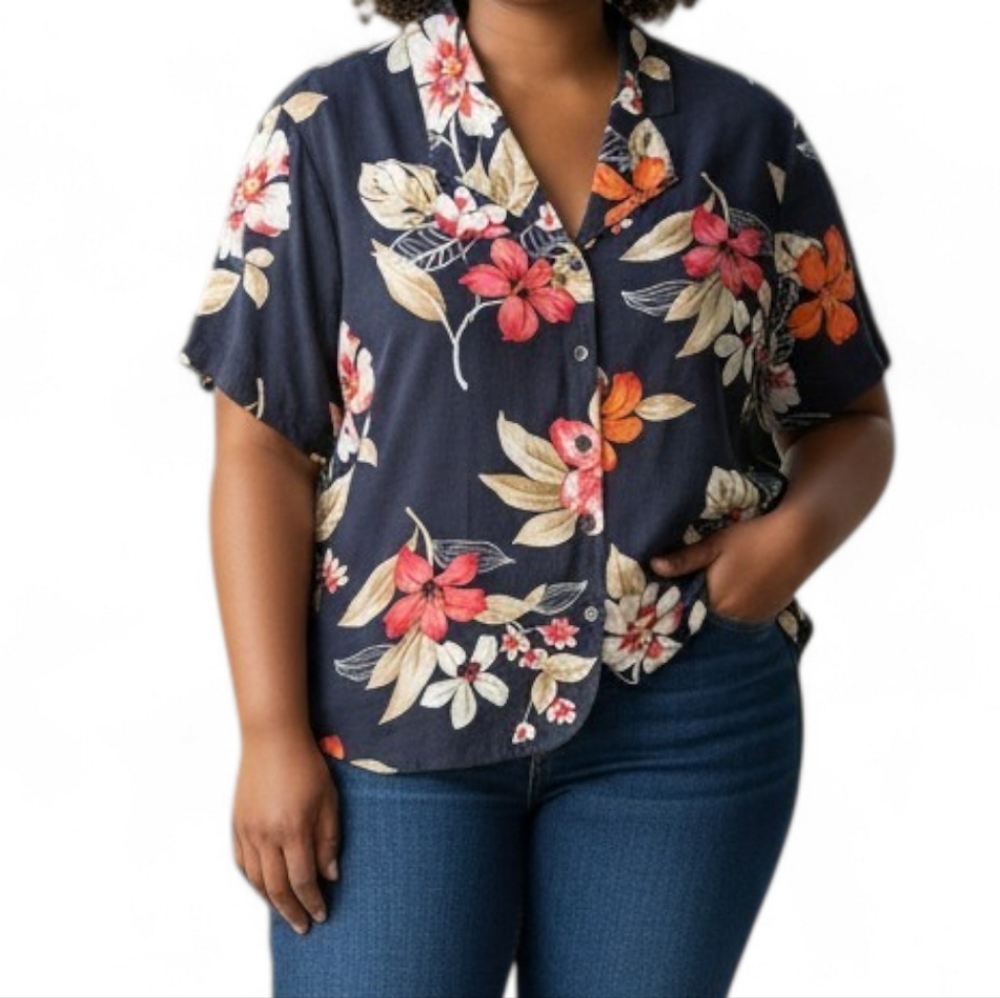 Alfred Dunner Navy Blue Floral Button-Up Shirt with Coral Blooms